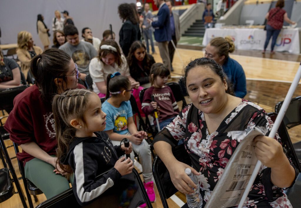 Lindsay Yazzolino, tactile specialist, speaks to students and staff at the Utah Schools for the Deaf and Blind on Wed. April 10, 2024 in Salt Lake City.